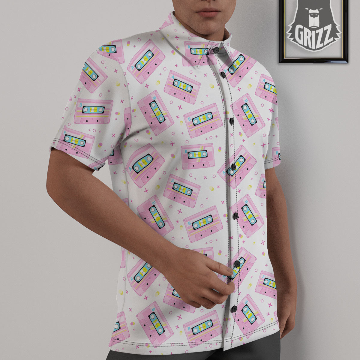 Pink Cassette Tape White Print Pattern Untucked Shirts-grizzshop
