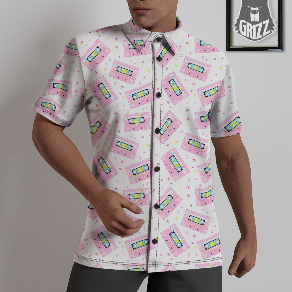 Pink Cassette Tape White Print Pattern Untucked Shirts-grizzshop