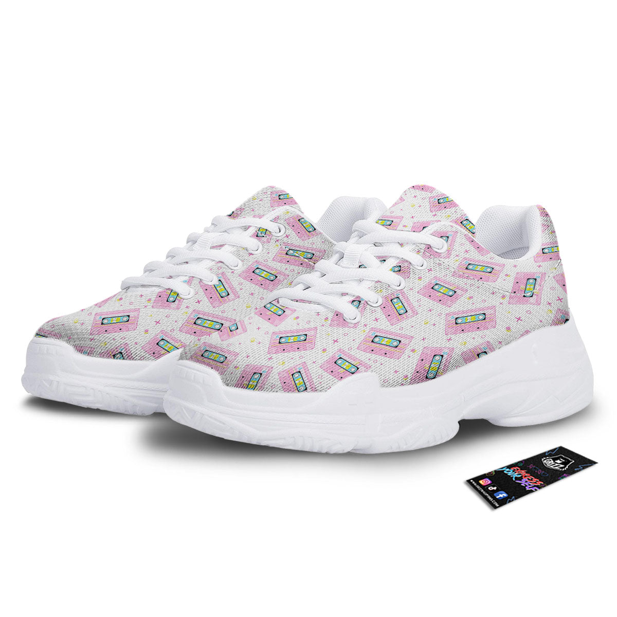 Pink Cassette Tape White Print Pattern White Chunky Shoes-grizzshop