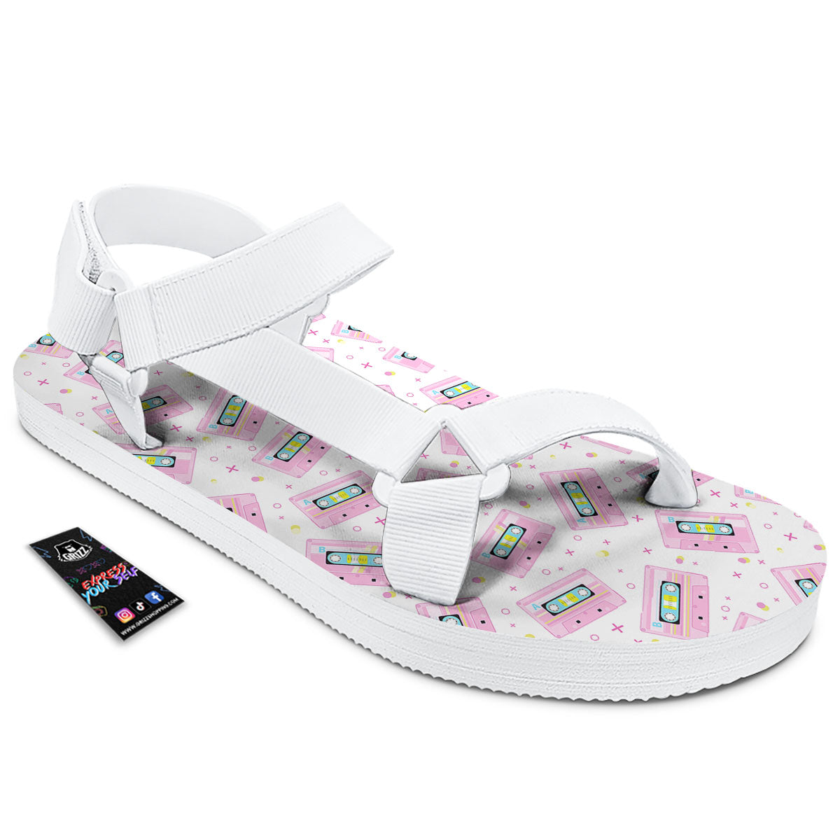 Pink Cassette Tape White Print Pattern White Open Toe Sandals-grizzshop