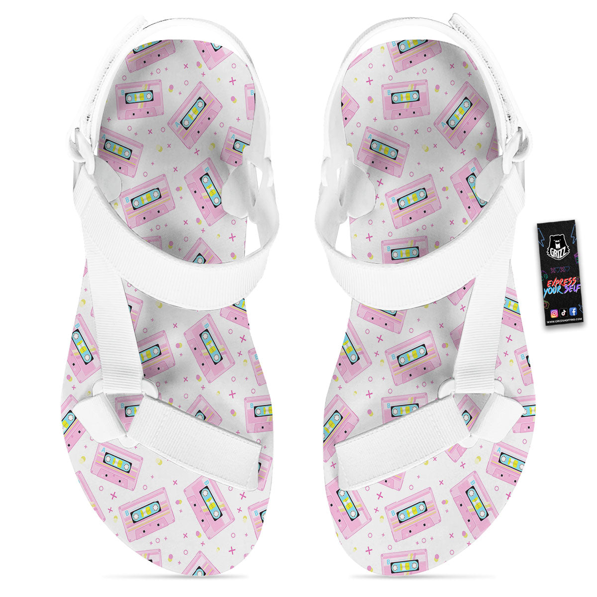 Pink Cassette Tape White Print Pattern White Open Toe Sandals-grizzshop