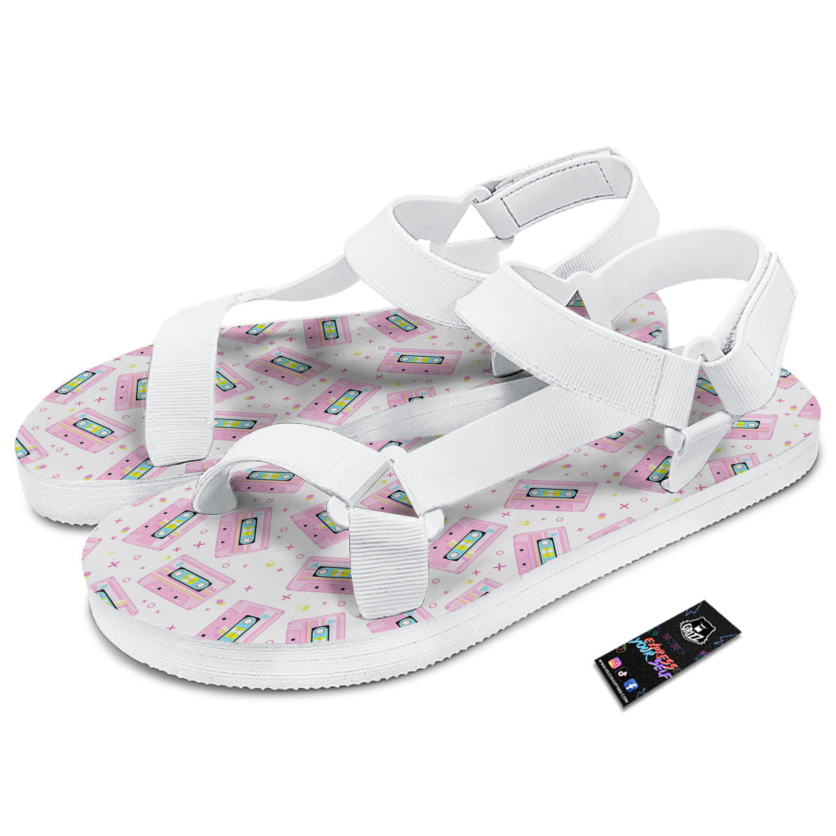 Pink Cassette Tape White Print Pattern White Open Toe Sandals-grizzshop