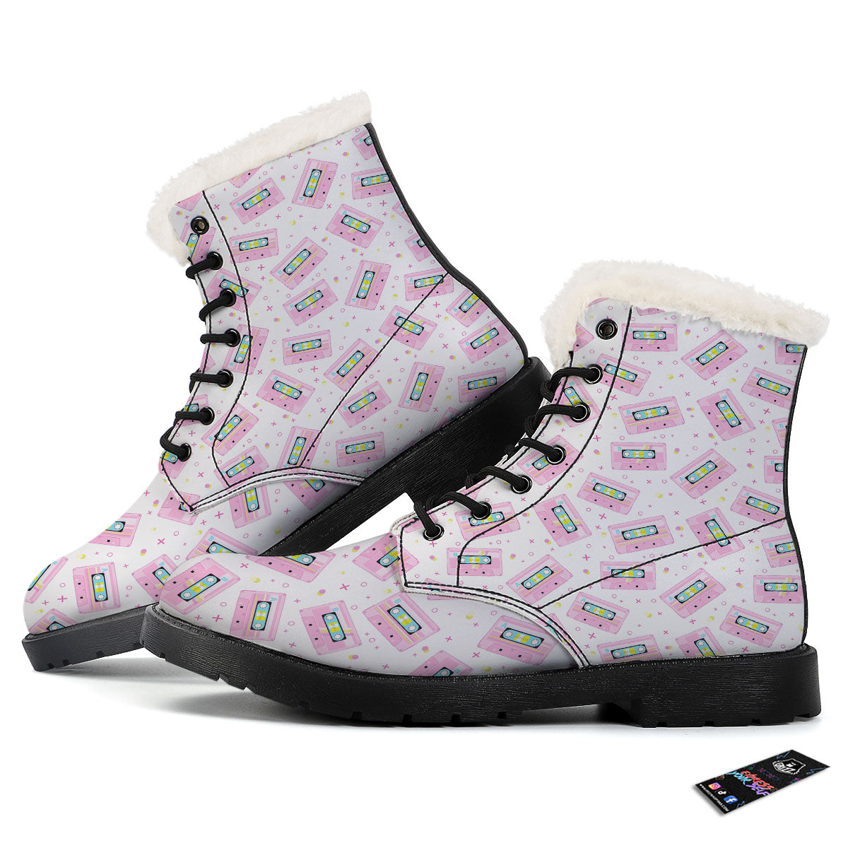 Pink Cassette Tape White Print Pattern Winter Boots-grizzshop