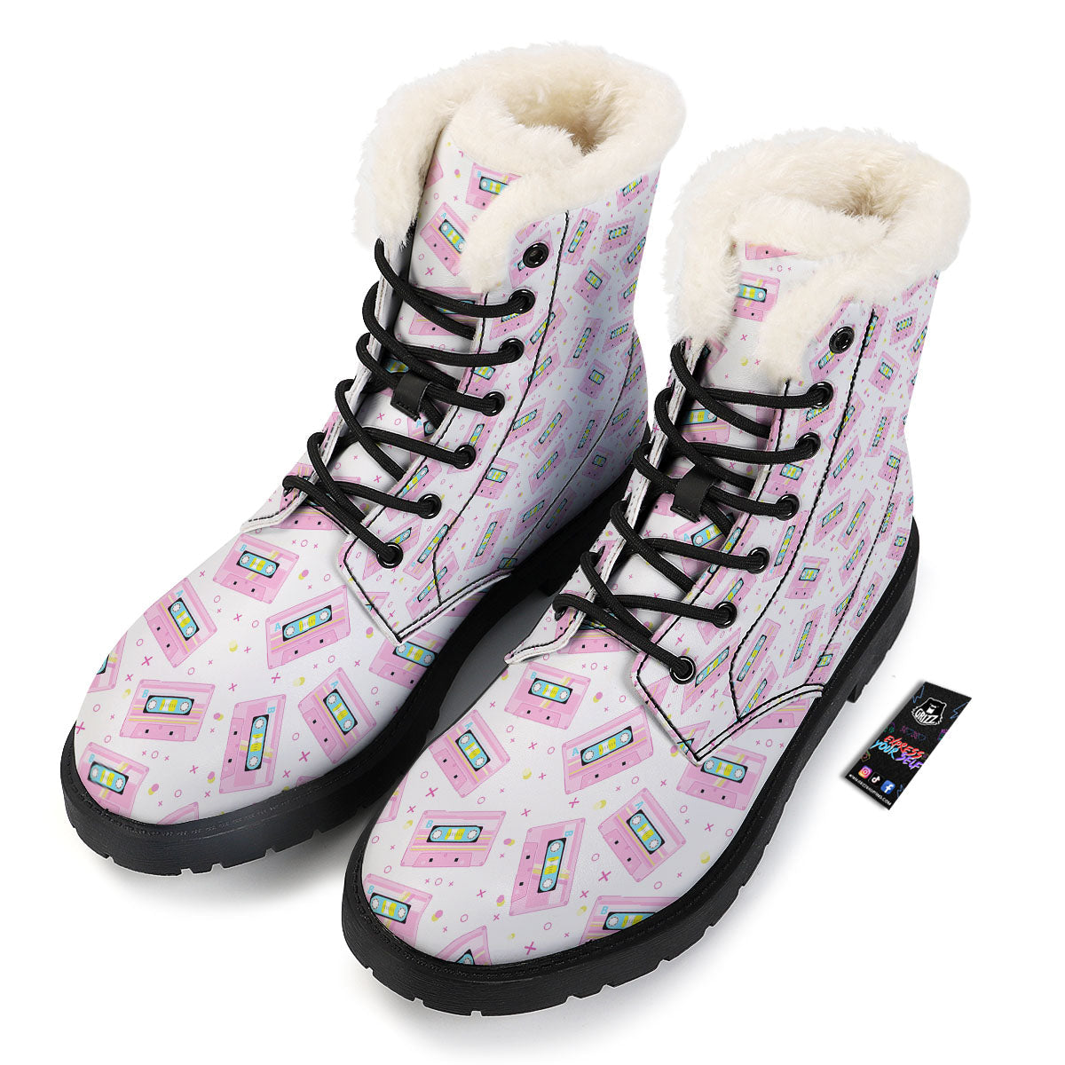 Pink Cassette Tape White Print Pattern Winter Boots-grizzshop