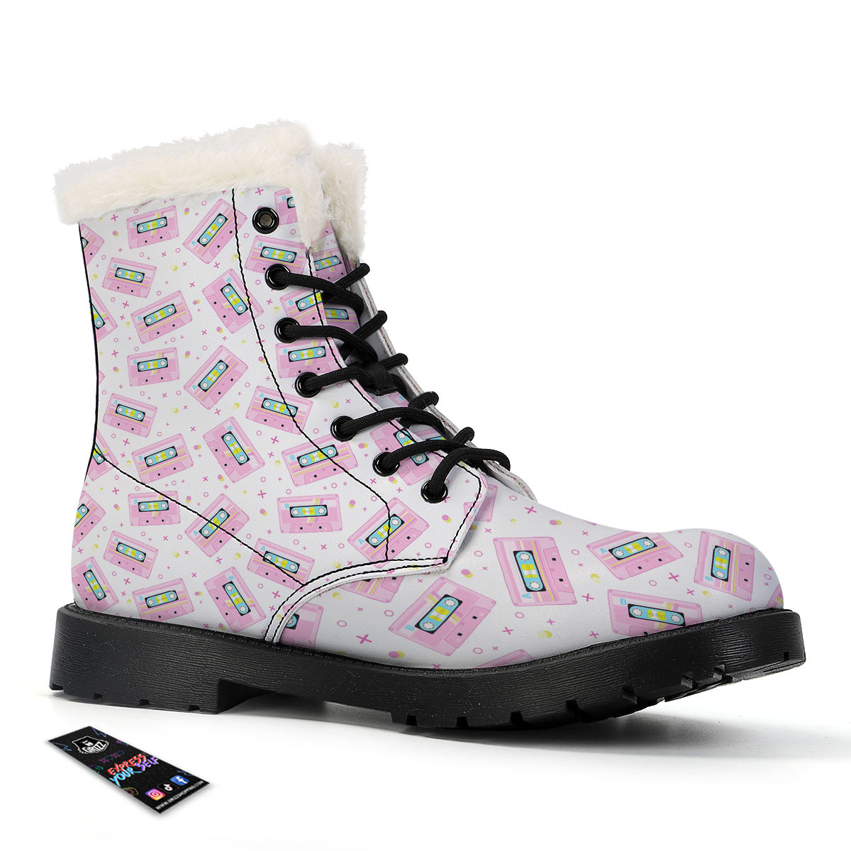 Pink Cassette Tape White Print Pattern Winter Boots-grizzshop