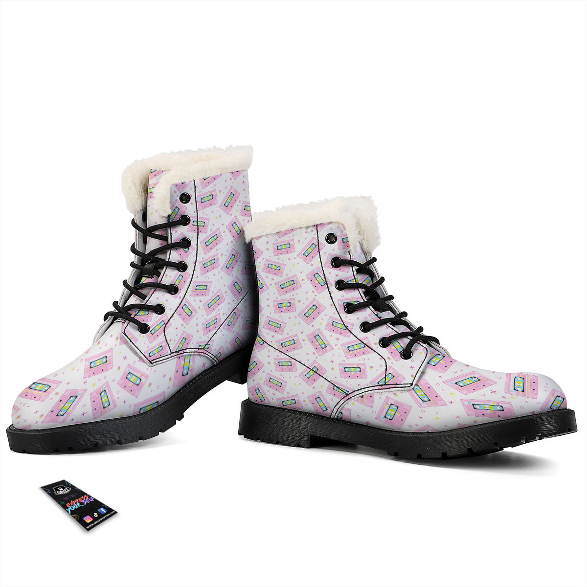 Pink Cassette Tape White Print Pattern Winter Boots-grizzshop