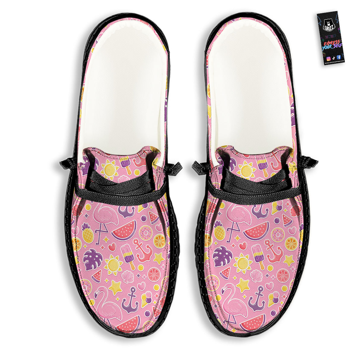Pink Flamingo Summer Beach Print Pattern Black Loafers-grizzshop