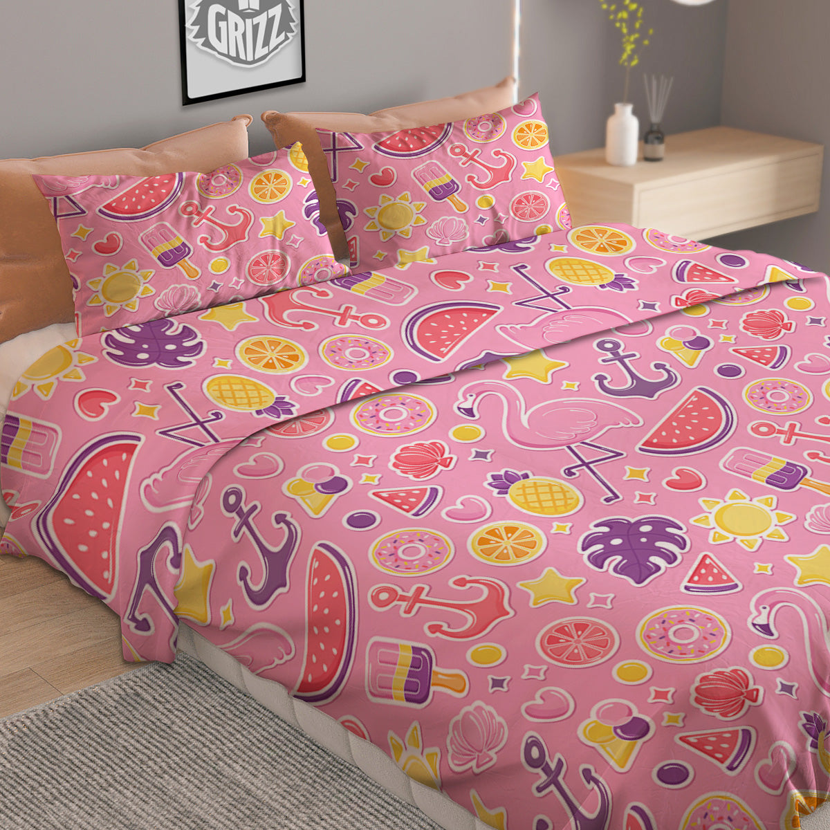 Pink Flamingo Summer Beach Print Pattern Duvet Cover Bedding Set