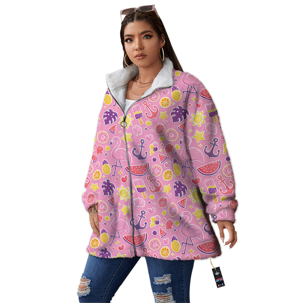 Pink Flamingo Summer Beach Print Pattern Women's Sherpa Jacket-grizzshop