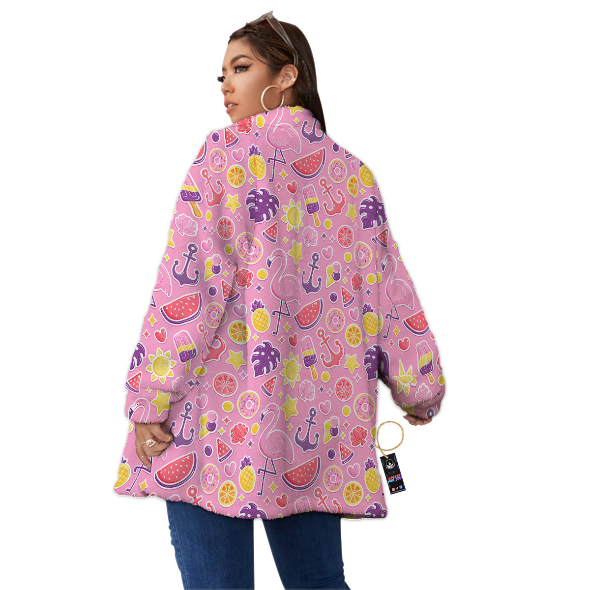 Pink Flamingo Summer Beach Print Pattern Women's Sherpa Jacket-grizzshop