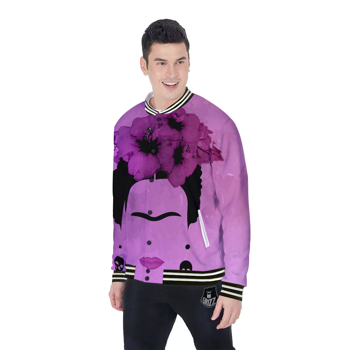 Pink Floral And Frida Kahlo Print Baseball Jacket-grizzshop