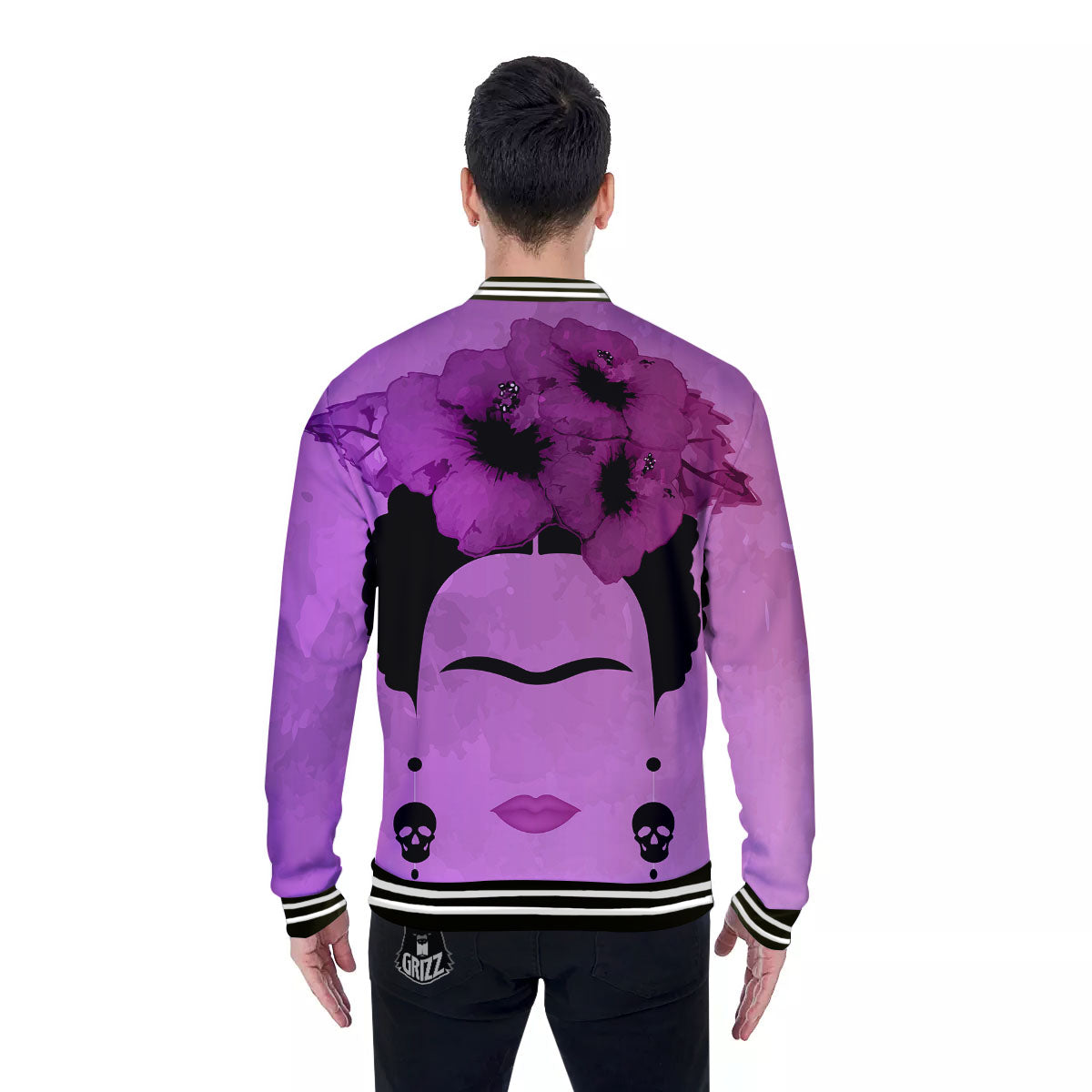 Pink Floral And Frida Kahlo Print Baseball Jacket-grizzshop