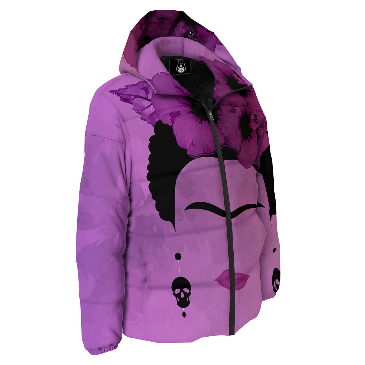 Pink Floral And Frida Kahlo Print Down Jacket-grizzshop