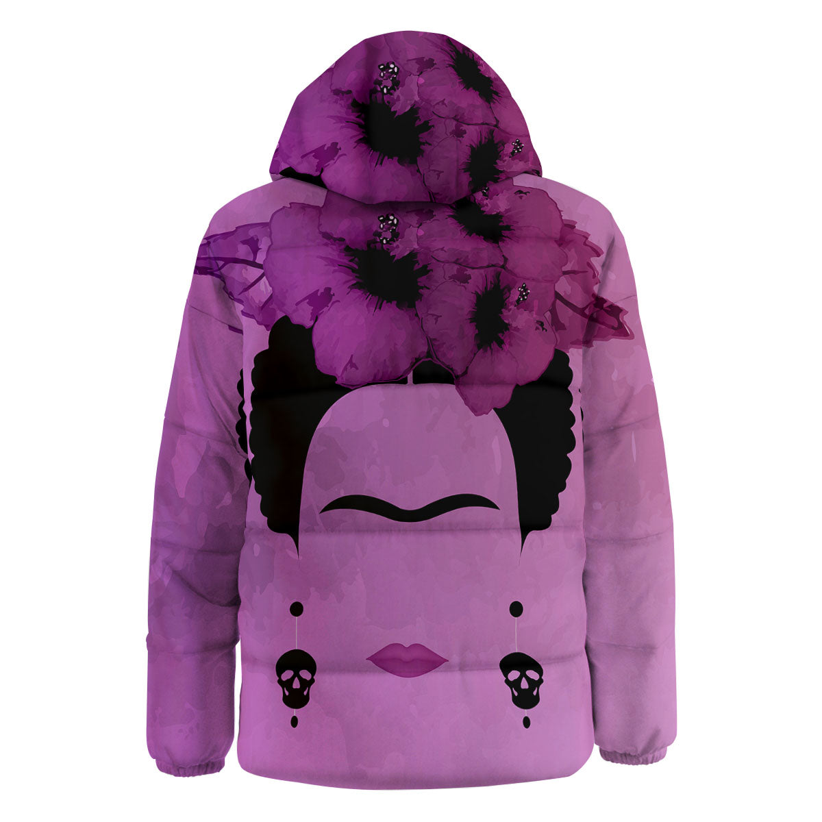 Pink Floral And Frida Kahlo Print Down Jacket-grizzshop