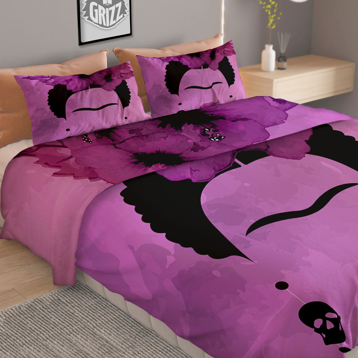 Pink Floral And Frida Kahlo Print Duvet Cover Bedding Set