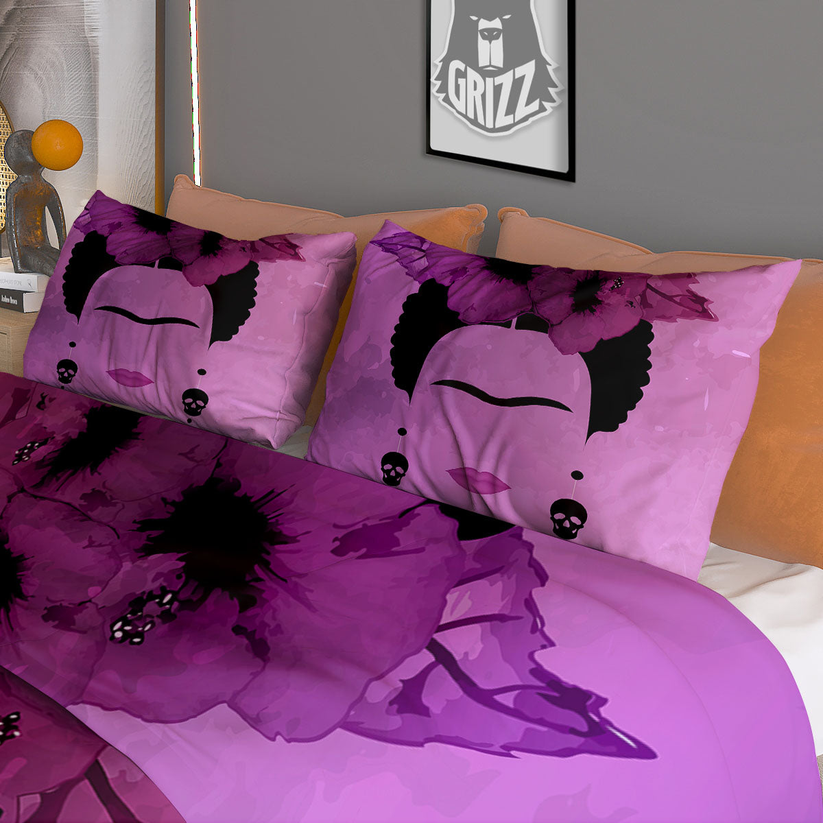 Pink Floral And Frida Kahlo Print Duvet Cover Bedding Set