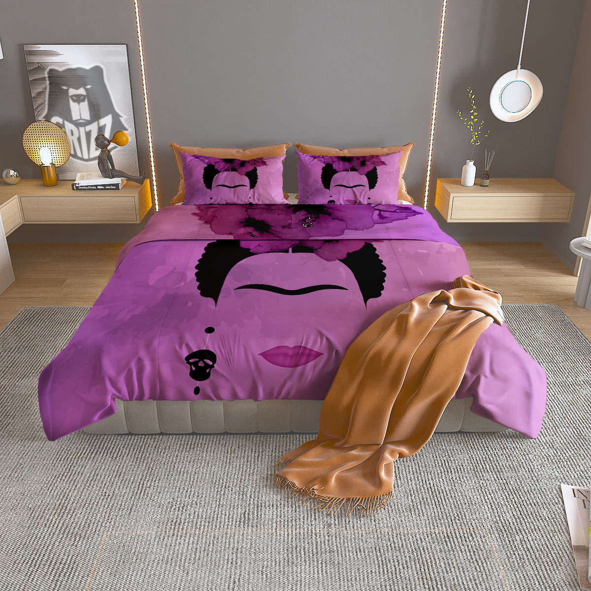 Pink Floral And Frida Kahlo Print Duvet Cover Bedding Set
