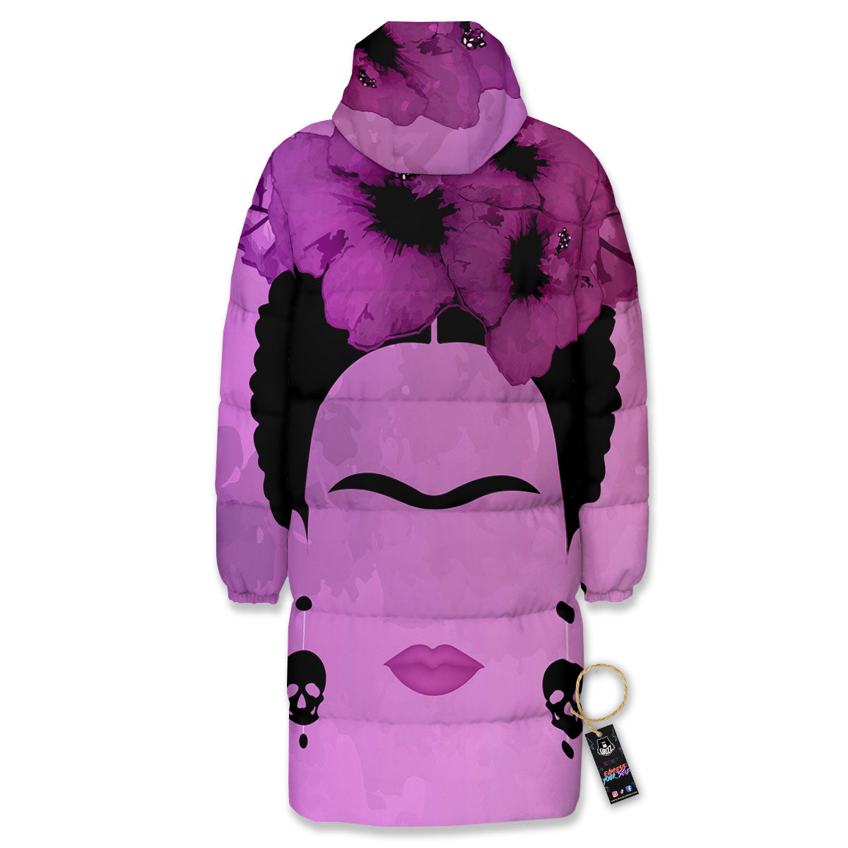 Pink Floral And Frida Kahlo Print Long Down Jacket-grizzshop