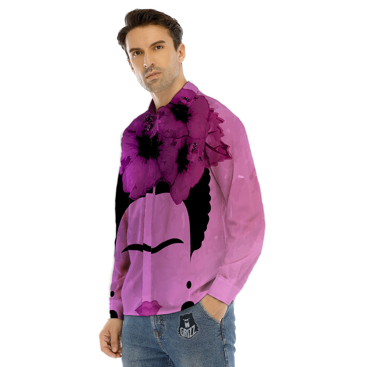 Pink Floral And Frida Kahlo Print Men's Dress Shirts-grizzshop