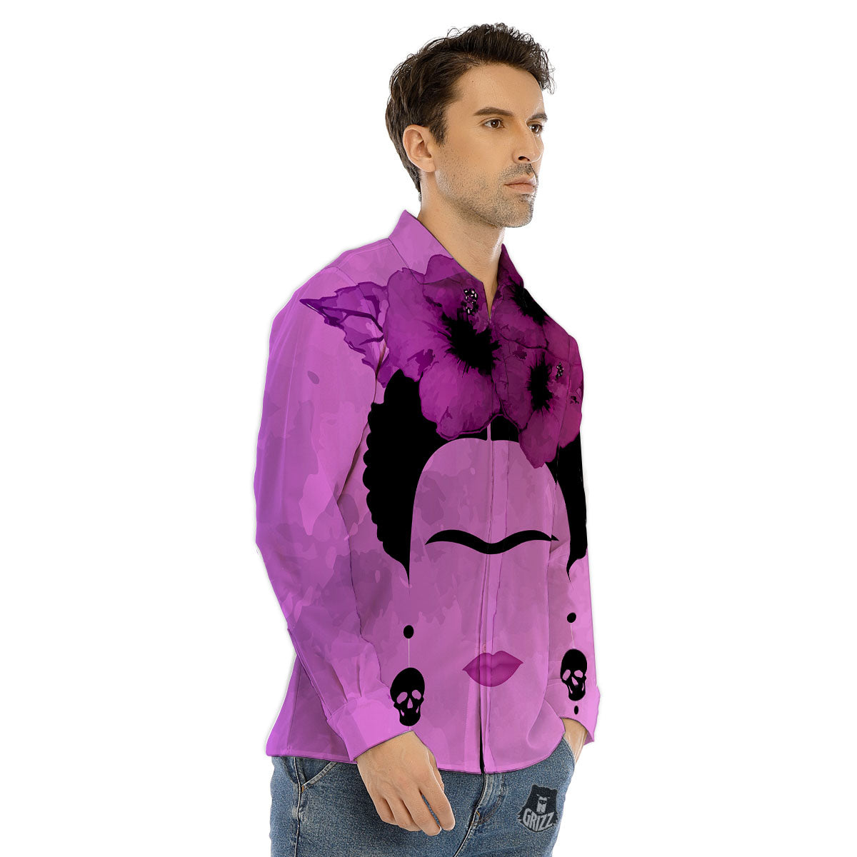 Pink Floral And Frida Kahlo Print Men's Dress Shirts-grizzshop