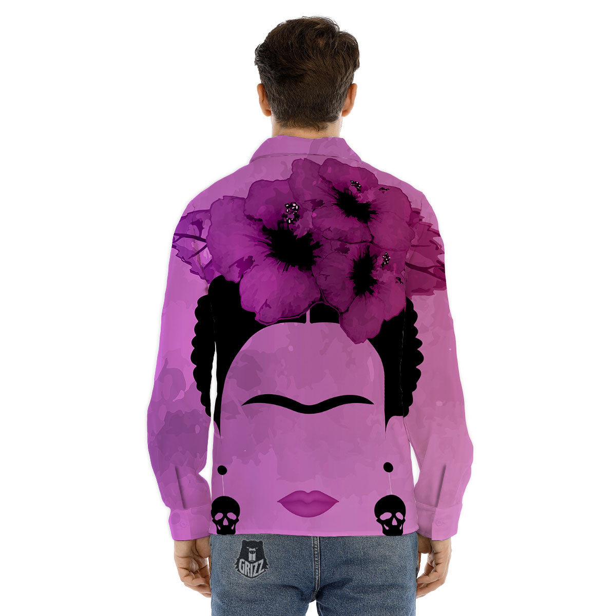 Pink Floral And Frida Kahlo Print Men's Dress Shirts-grizzshop