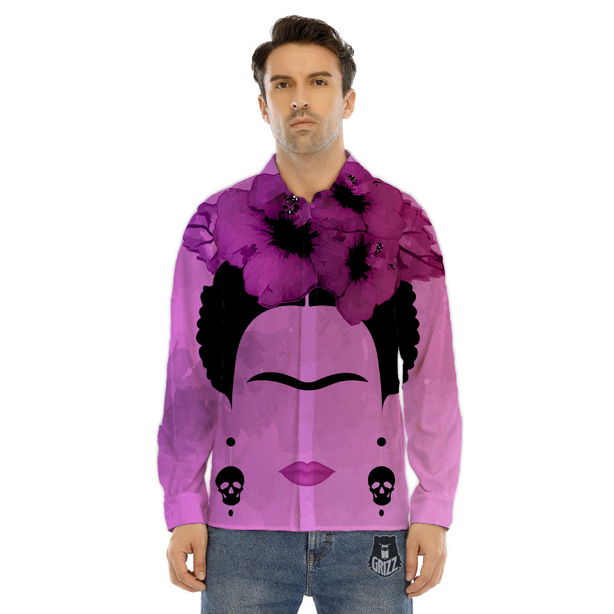 Pink Floral And Frida Kahlo Print Men's Dress Shirts-grizzshop