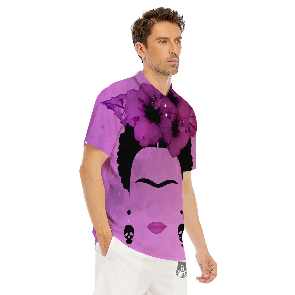 Pink Floral And Frida Kahlo Print Men's Golf Shirts-grizzshop