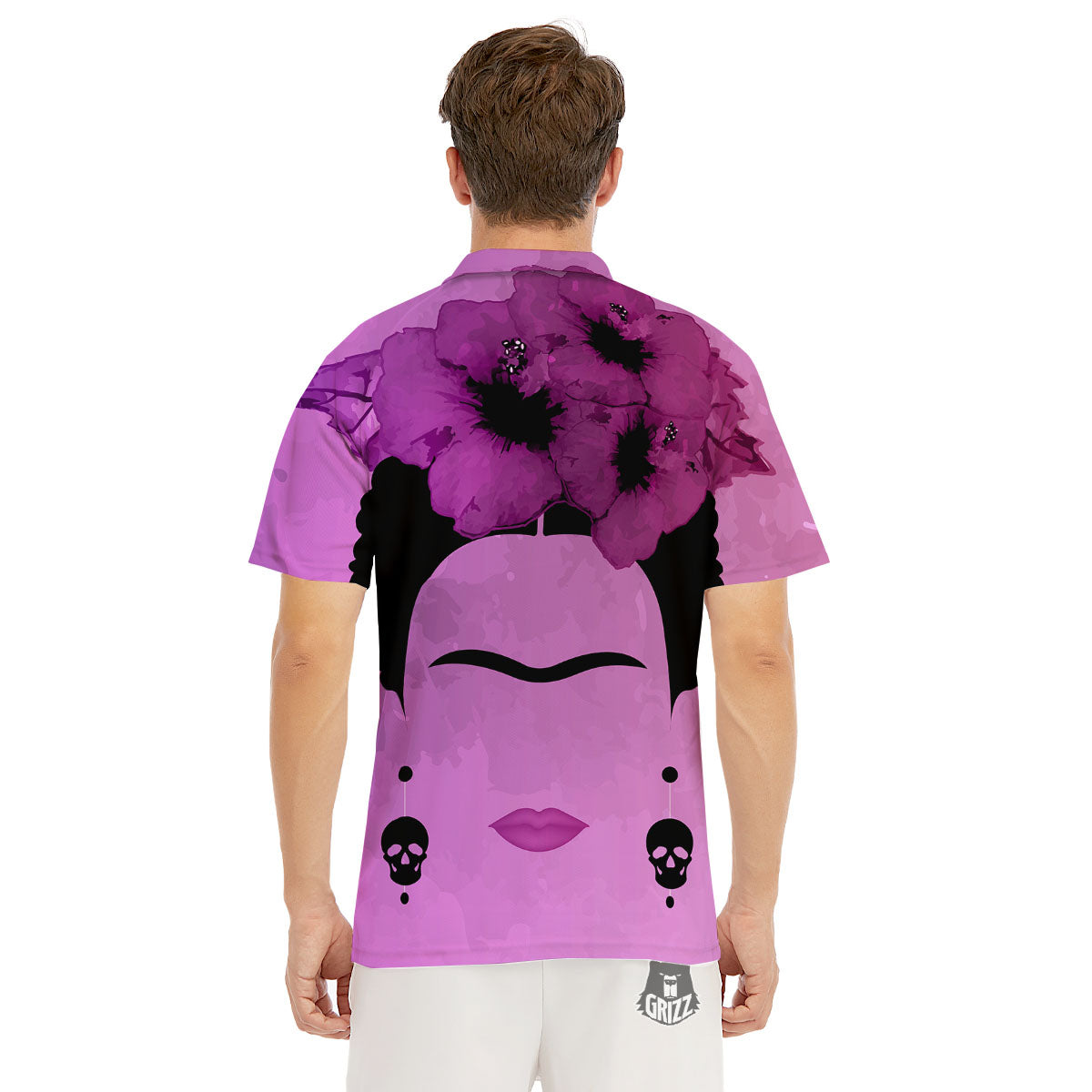 Pink Floral And Frida Kahlo Print Men's Golf Shirts-grizzshop