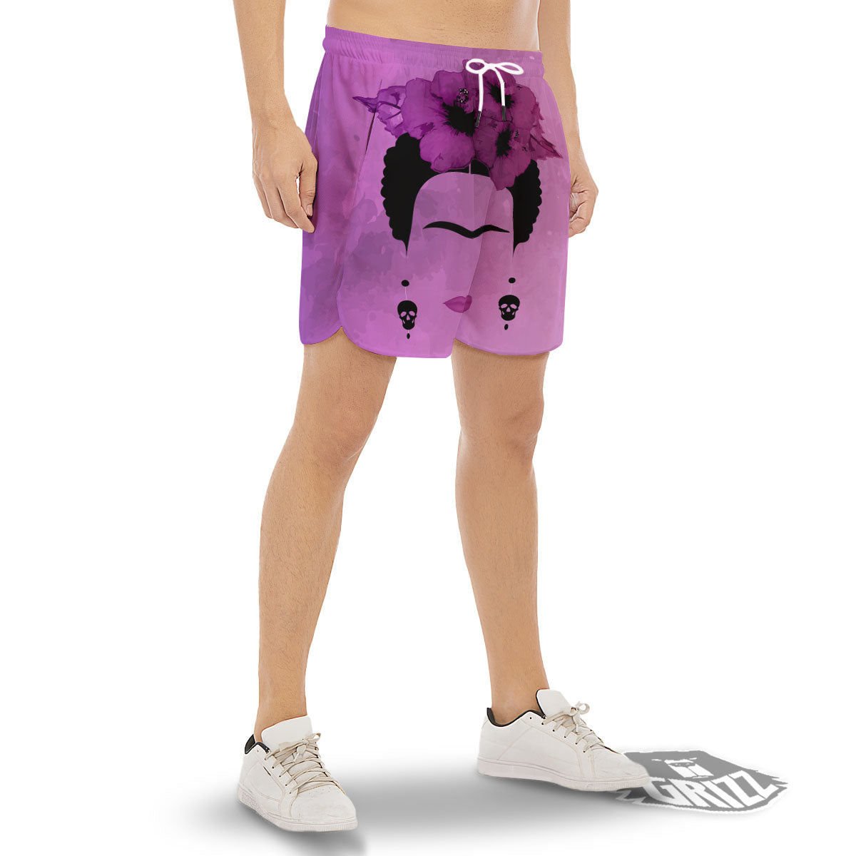 Pink Floral And Frida Kahlo Print Men's Gym Shorts-grizzshop