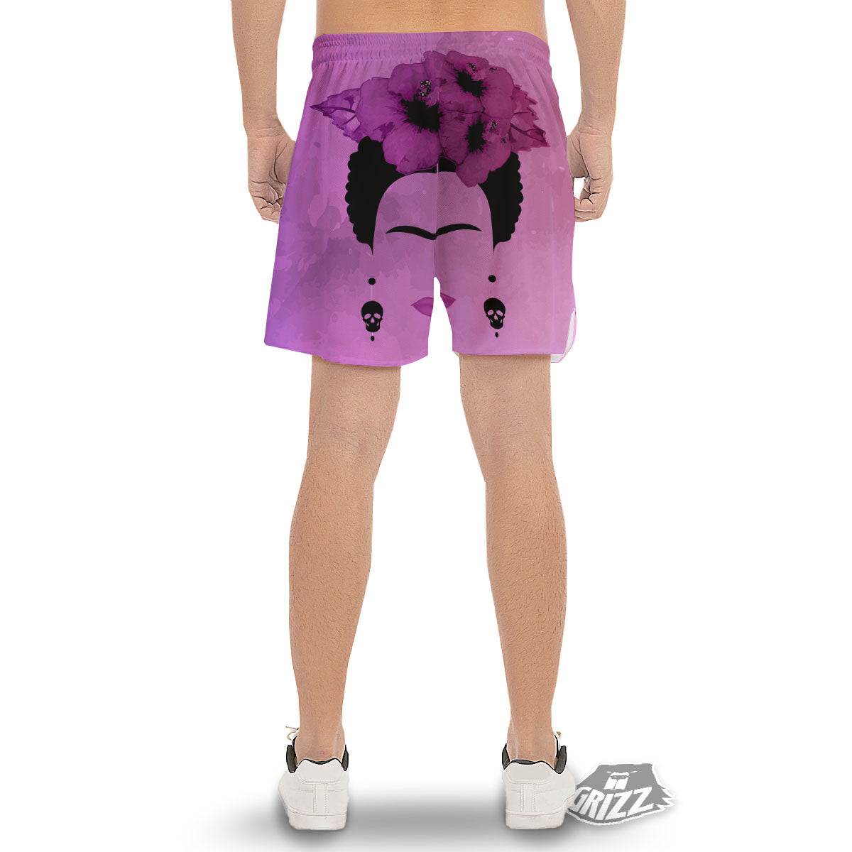 Pink Floral And Frida Kahlo Print Men's Gym Shorts-grizzshop