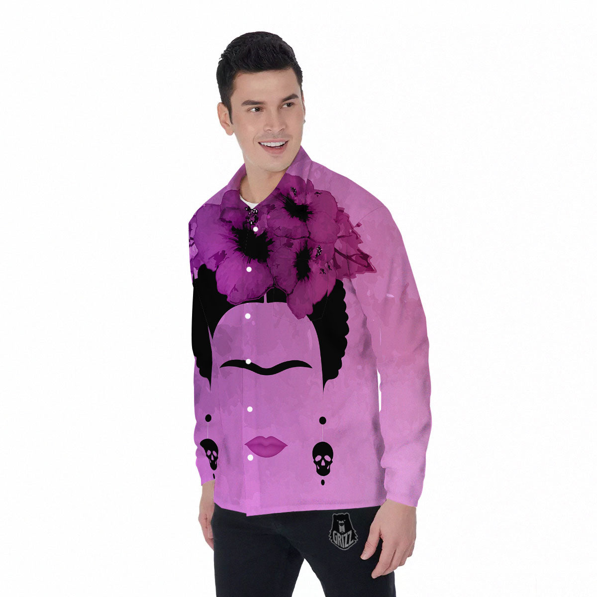 Pink Floral And Frida Kahlo Print Men's Long Sleeve Shirts-grizzshop