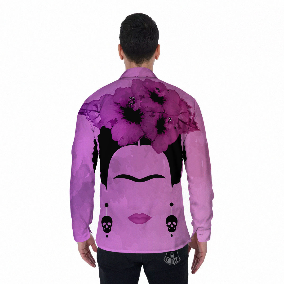 Pink Floral And Frida Kahlo Print Men's Long Sleeve Shirts-grizzshop