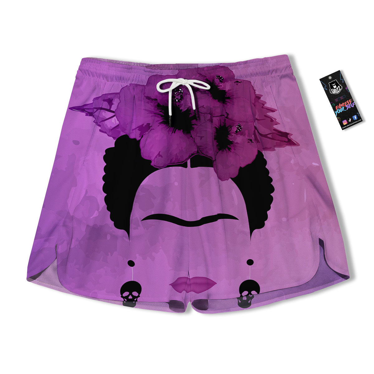 Pink Floral And Frida Kahlo Print Men's Running Shorts-grizzshop
