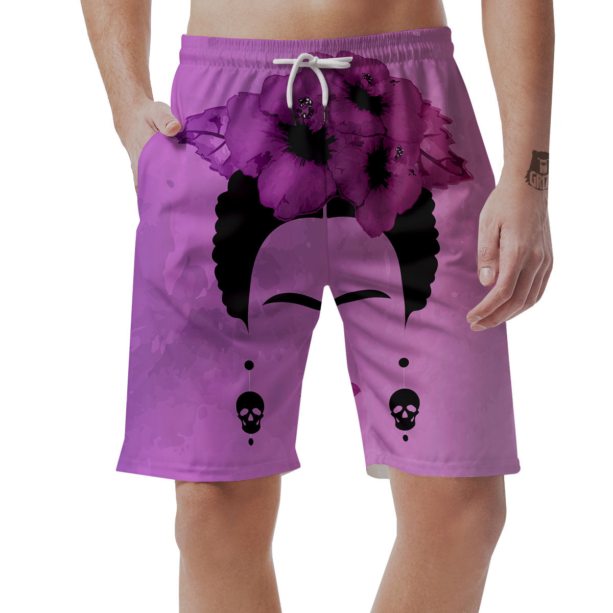 Pink Floral And Frida Kahlo Print Men's Shorts-grizzshop