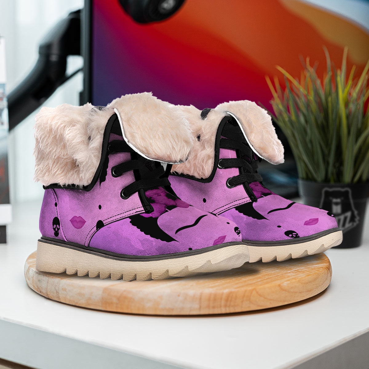 Pink Floral And Frida Kahlo Print Snow Boots-grizzshop