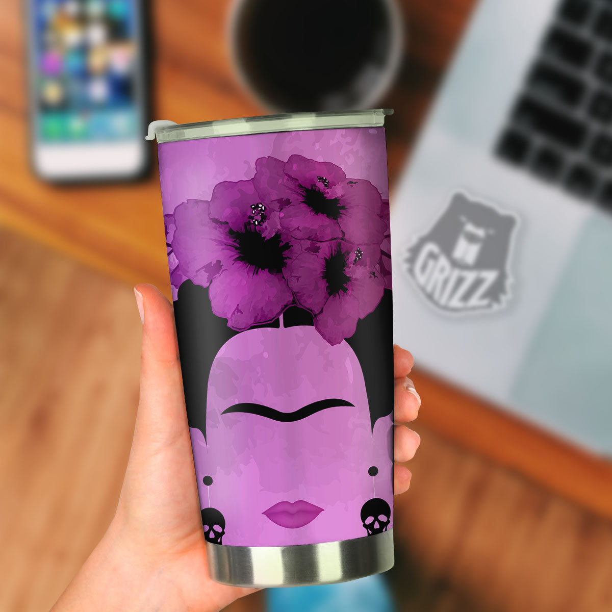 Pink Floral And Frida Kahlo Print Tumbler-grizzshop