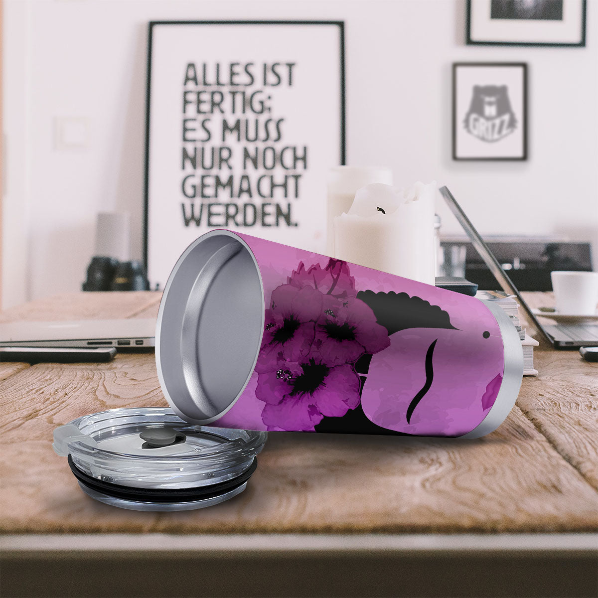 Pink Floral And Frida Kahlo Print Tumbler-grizzshop