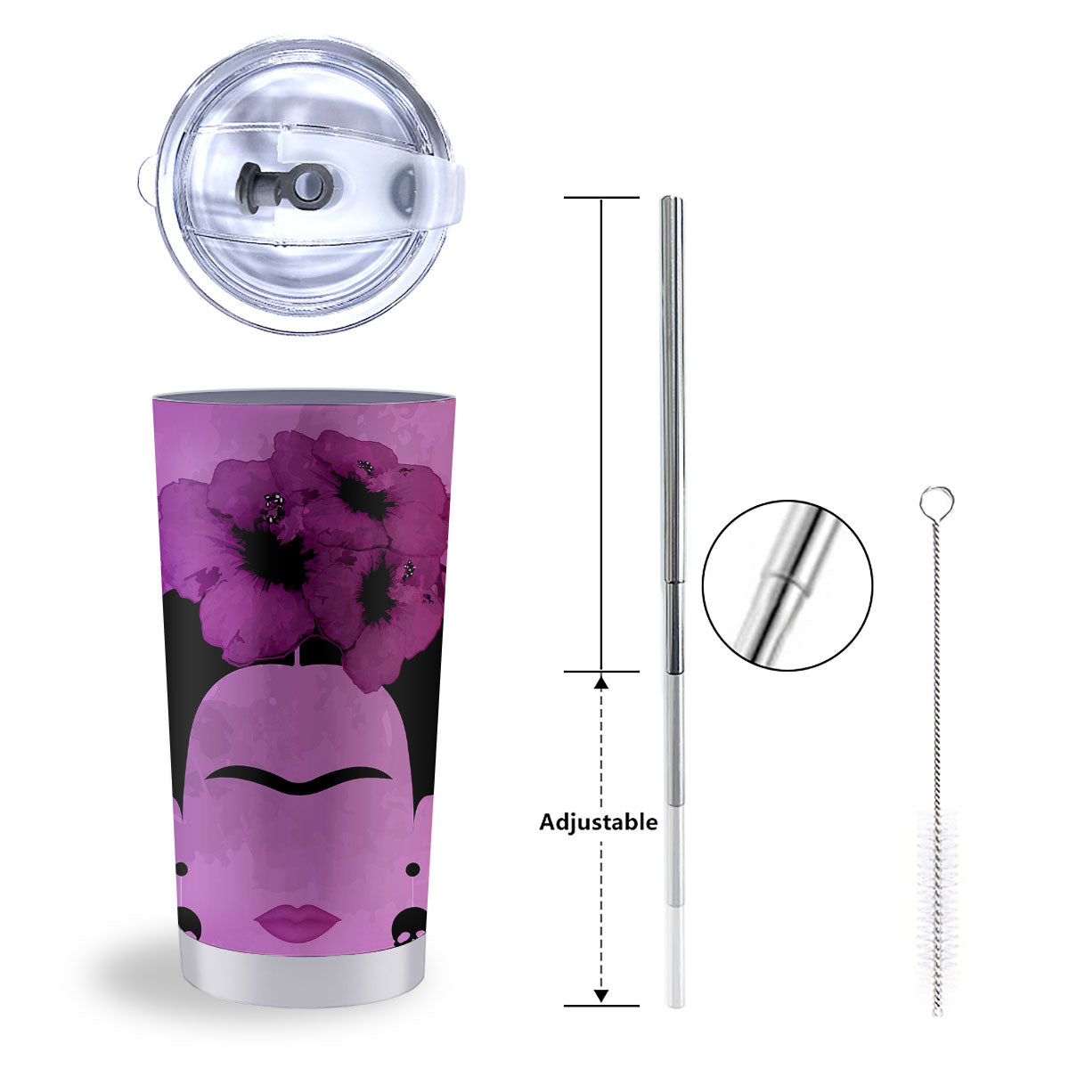 Pink Floral And Frida Kahlo Print Tumbler-grizzshop