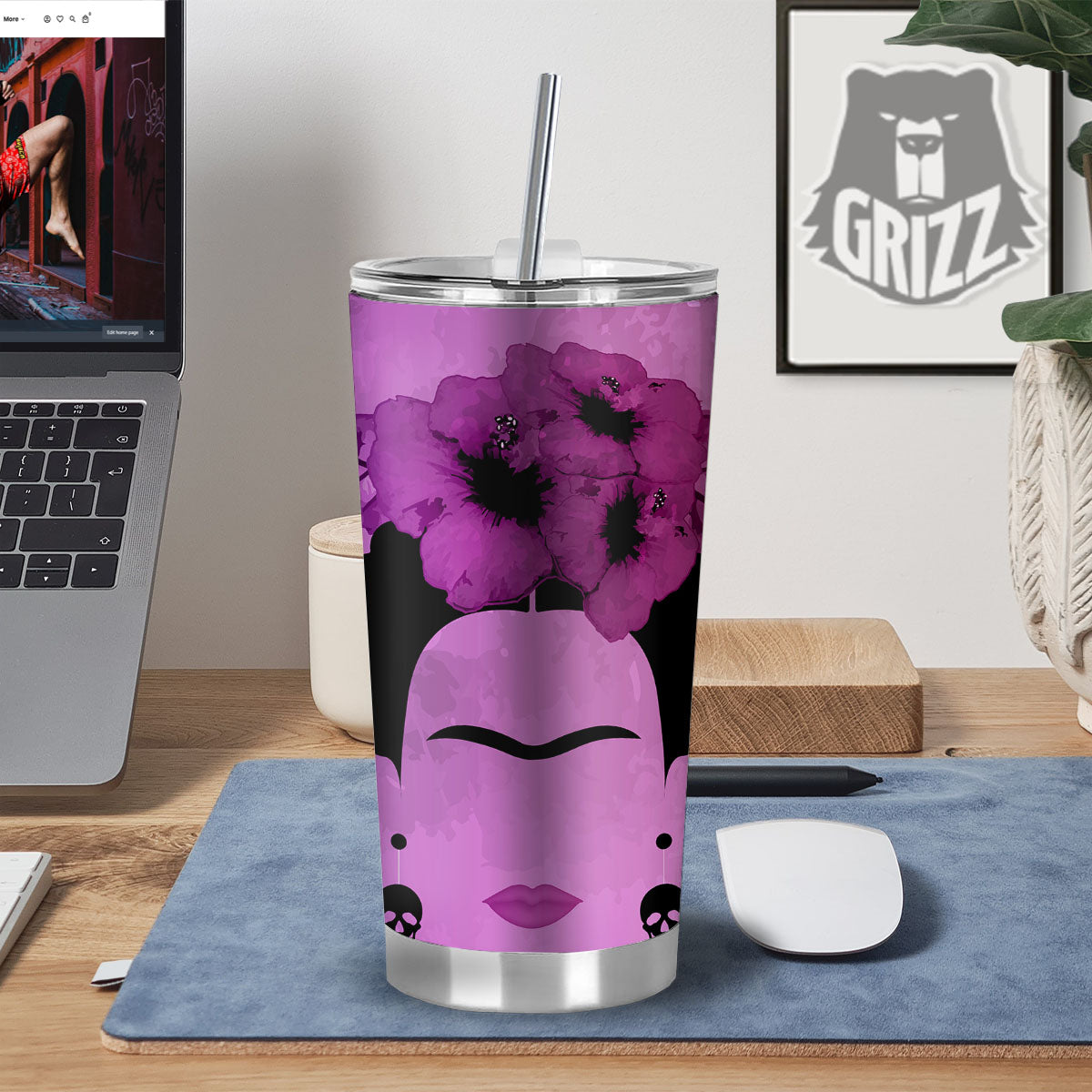 Pink Floral And Frida Kahlo Print Tumbler-grizzshop