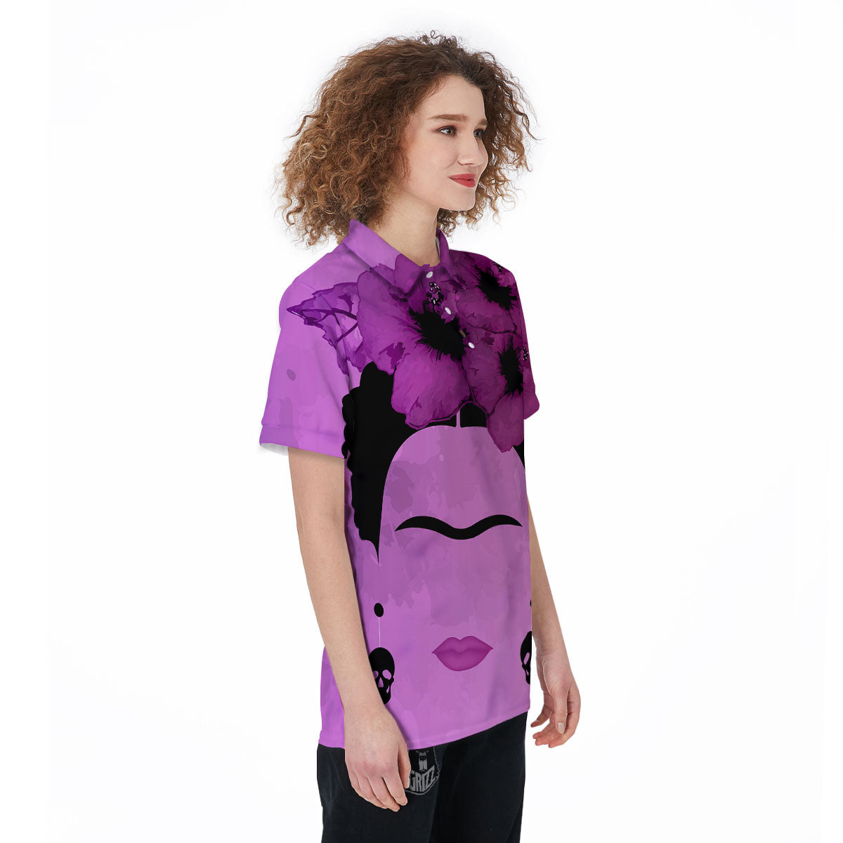 Pink Floral And Frida Kahlo Print Women's Golf Shirts-grizzshop
