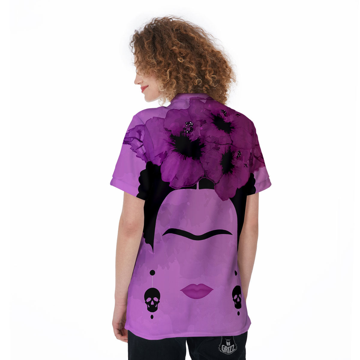 Pink Floral And Frida Kahlo Print Women's Golf Shirts-grizzshop