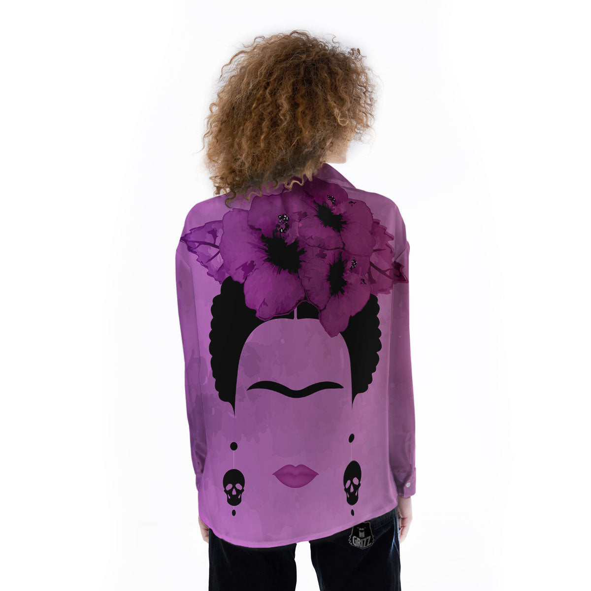 Pink Floral And Frida Kahlo Print Women's Long Sleeve Shirts-grizzshop
