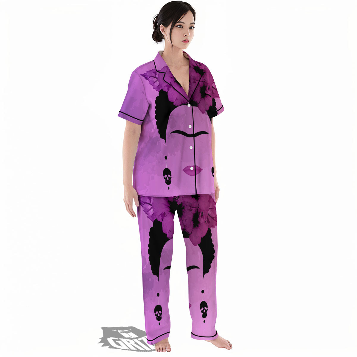 Pink Floral And Frida Kahlo Print Women's Pajamas Set-grizzshop