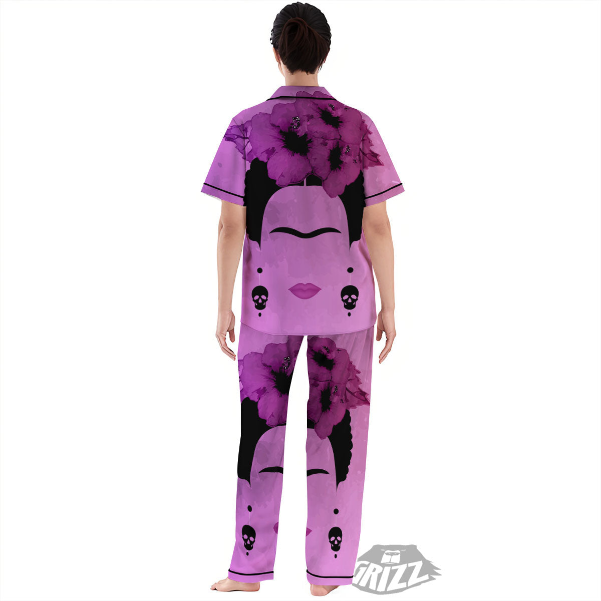 Pink Floral And Frida Kahlo Print Women's Pajamas Set-grizzshop