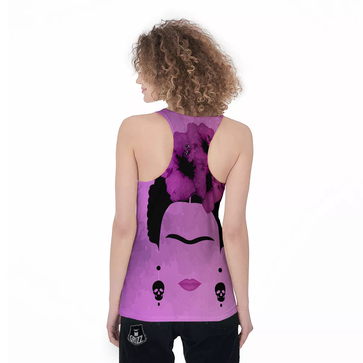Pink Floral And Frida Kahlo Print Women's Racerback Tank Top-grizzshop