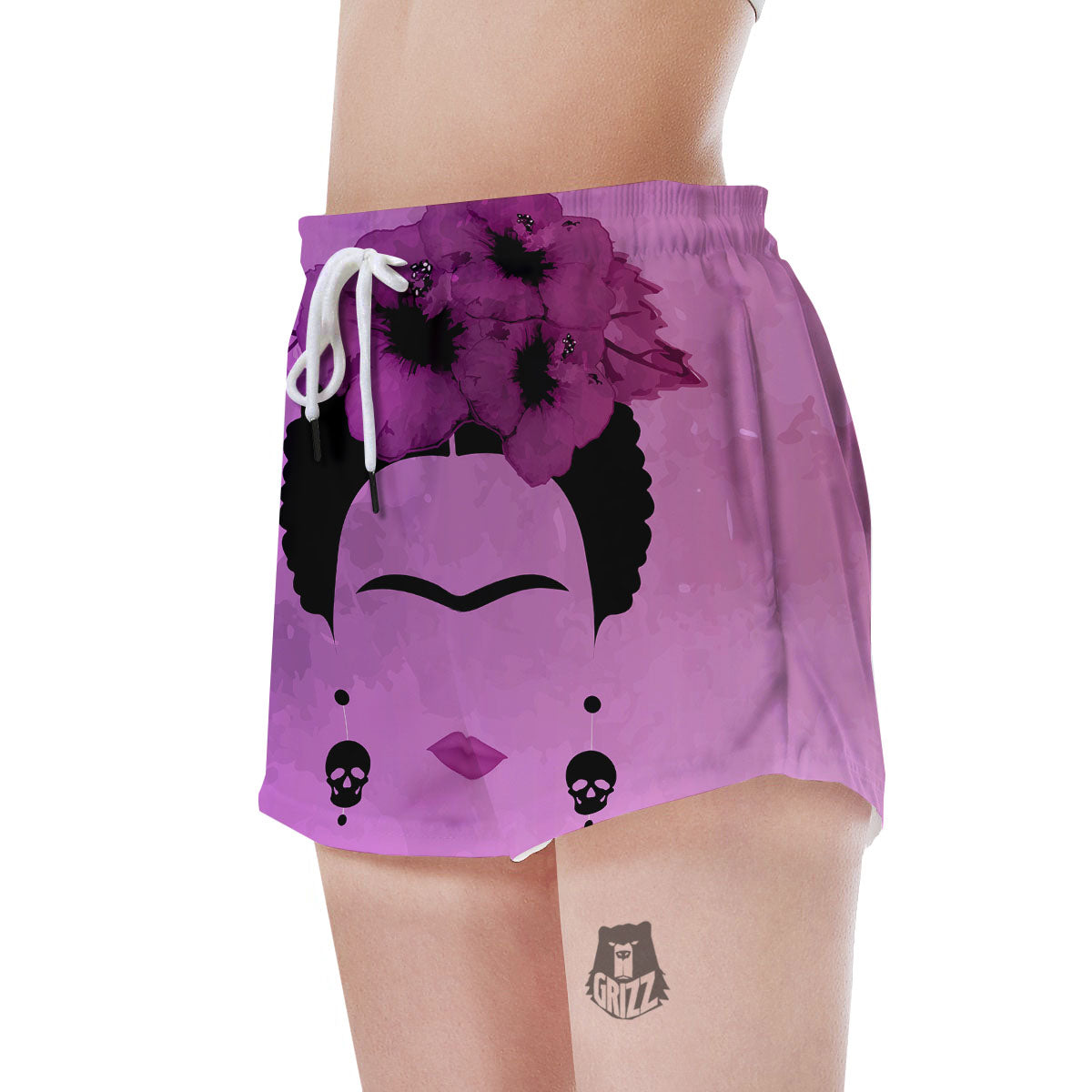 Pink Floral And Frida Kahlo Print Women's Shorts-grizzshop