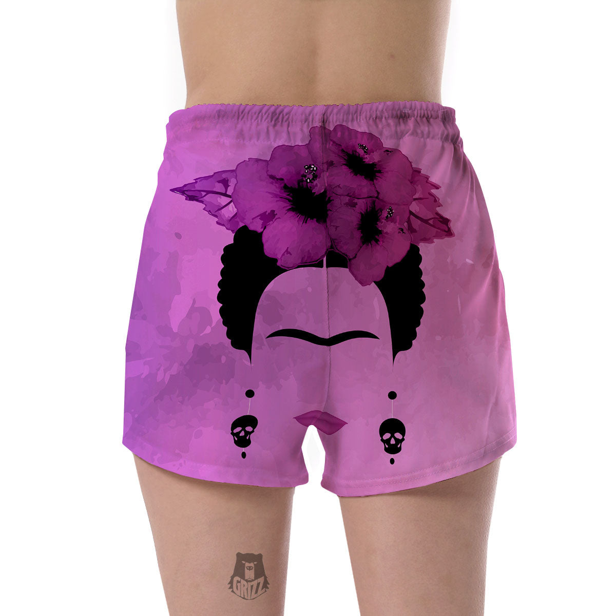 Pink Floral And Frida Kahlo Print Women's Shorts-grizzshop