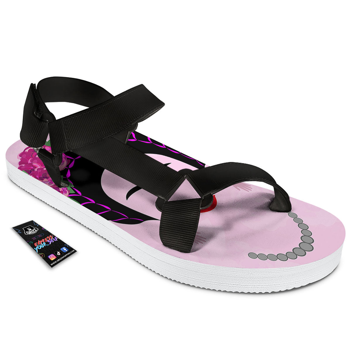 Pink Flower And Frida Kahlo Print Black Open Toe Sandals-grizzshop