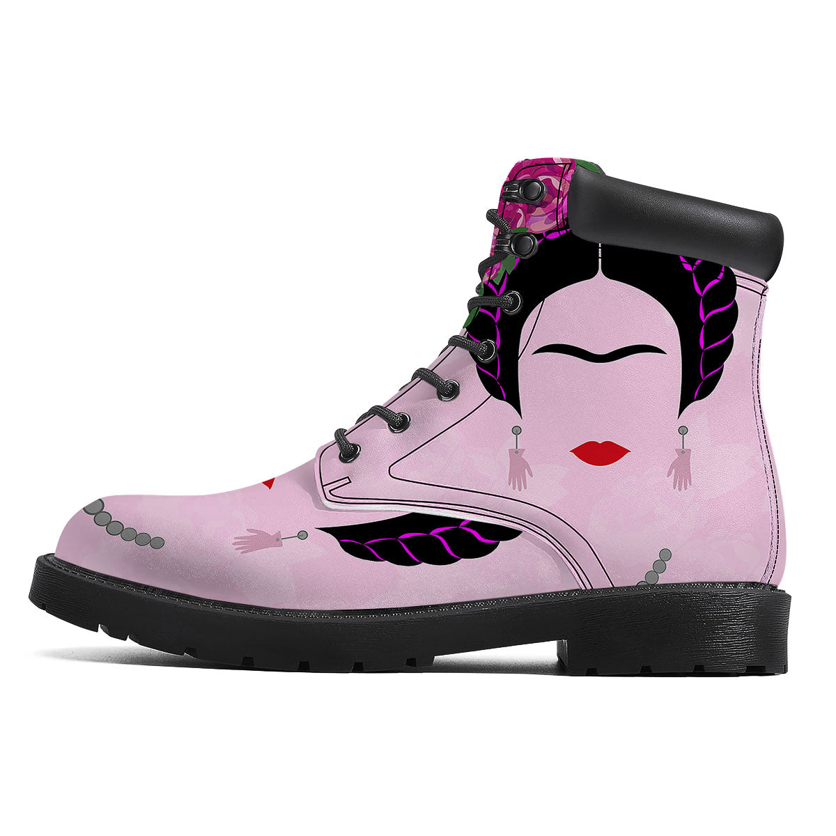 Pink Flower And Frida Kahlo Print Boots-grizzshop