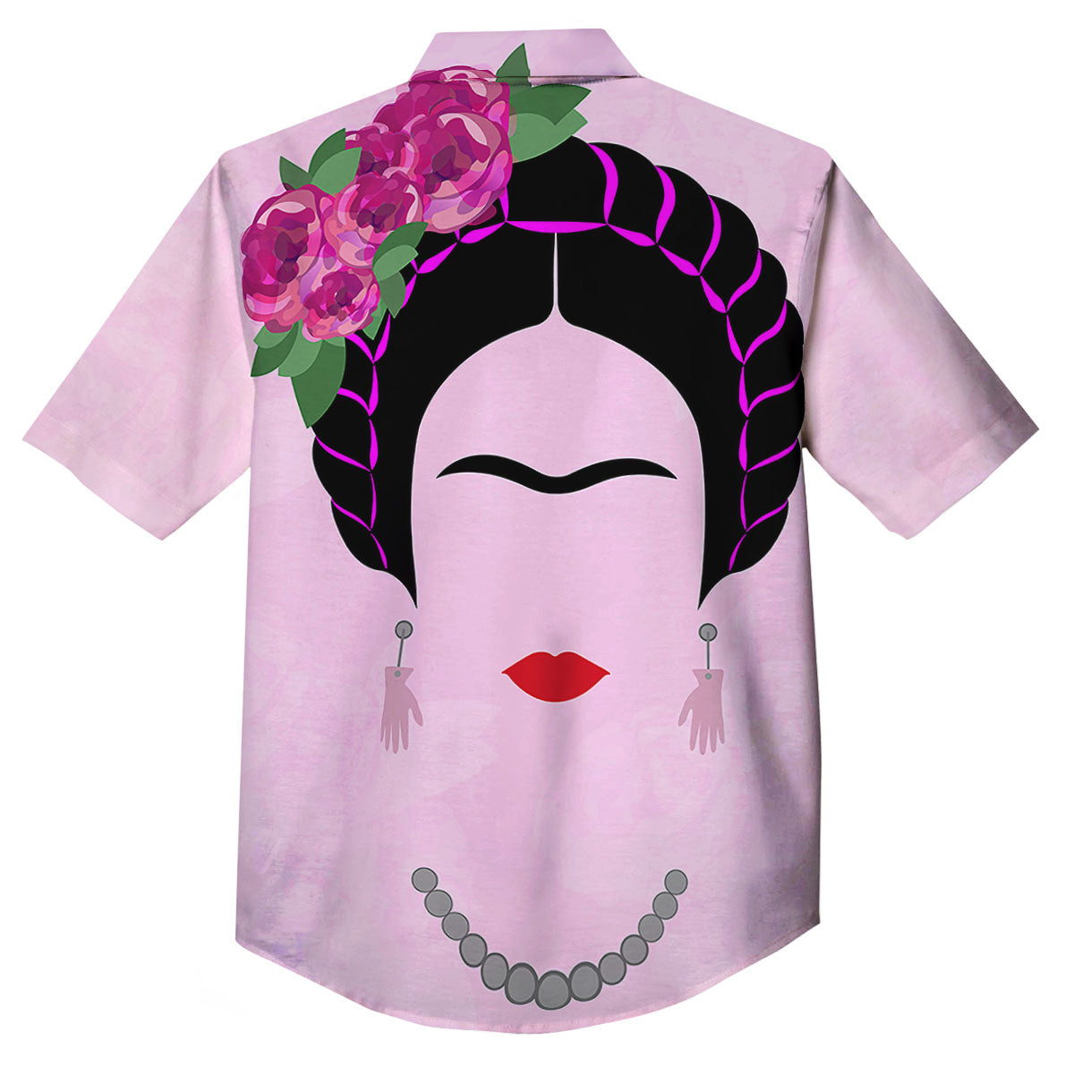 Pink Flower And Frida Kahlo Print Button Up Shirt-grizzshop